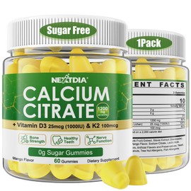 Calcium Citrate Gummies 1200mg with Vitamin D3 K2, Chewable Calcium Supplements for Women & Men, High Potency Support B0ne, Te*th, Strength & Immune Health, Mango Flavor, Non-GMO, Sugar Free, 60 Cts