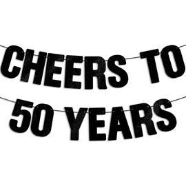Pre-Strung Cheers to 50 Years Banner - Black Glitter, Happy 50th Birthday Decorations for Men/Women, 50 Year Old Bday Sign, 50th Wedding Anniversary Party Decorations for Him/Her
