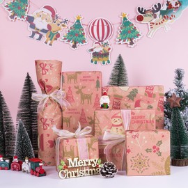 Rancco Christmas Wrapping Paper, Pink Kraft Gift Wrapping Paper w/Santa, Snowman, Moose Patterns, Holiday Gift Wrap for Merry Christmas, Weddings, Birthday - 4Pc, 27.56 x 19.69''