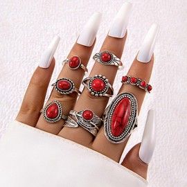 Bestleey Chunky Gemstone Ring Set for Women,Vintage Stackable Geometry Rings Statement Boho Turquoise Knuckle Rings Set Hip Hop Fashion Jewelry (Red)