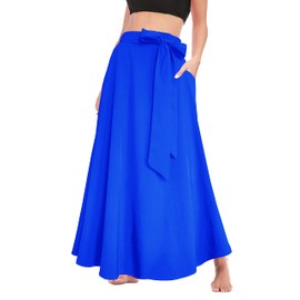 Afibi Women's High Waist Skirt Tie Front A-Line Flowy Long Maxi Skirts with Pockets, Blue, X-Large