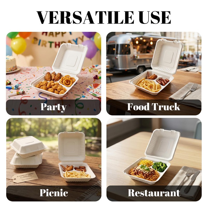 100 Pack 8×9 Inch 3-Compartment Compostable Bagasse Food Containers