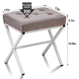 Wimarsbon Ottoman Foot Stool Tufted Vanity Stool Ottomans Thickened Cushion Footstool Mulifunctional Shoe Changing Seat Step Stools with Metal X Leg for Living Room Bedroom Velvet Grey