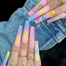 24PCS Cute Press on Nails Rainbow Coffin Fake Nails Full Cover False Nails Colorful Ballerina Nails Tips Acrylic Manicure With Glue for Women and Girls