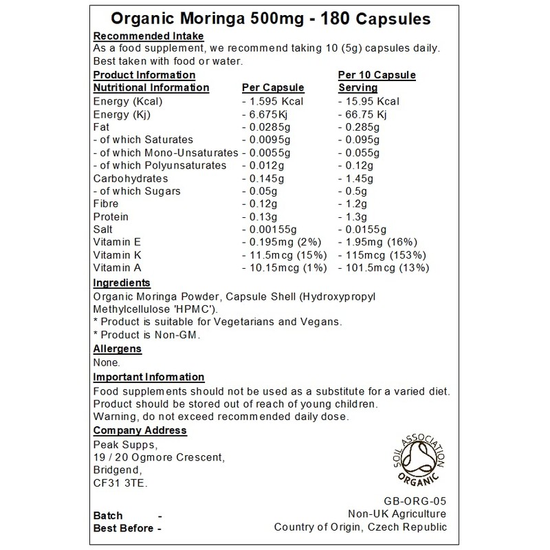 Organic Moringa 500mg Capsules | (180)