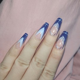 Dark Purple French Tip Press on Nails Medium Coffin Glue on Nails Glossy Acrylic Fake Nails with Floral Designs Matte Nails Press ons Artificial Nails for Women 24Pcs Manicure Art