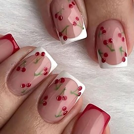Calkkrer Pack of 24 White & Red Square Press On Nails, Cherry Design, Glue-On False Nails, French Manicure Artificial Nails, Suitable False Nails, multicoloured