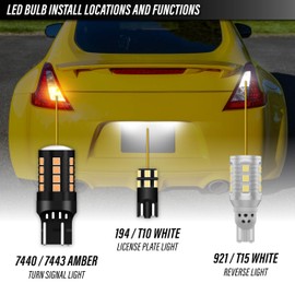 USR Amber Turn Signal & White Reverse Backup & White License Plate LED Bulbs Canbus Error Free - 6 Pieces Combo UPGRADE Compatible with 2009-2020 Nissan 370z Tail Lights (Fits Factory Tail Lamps)