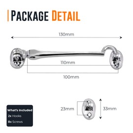 onesto Pack 2 Chrome Cabin Hook | 100mm Cabin Door Hook and Eye Latch | Eye Silent Catch Door Latch Holder with Screws | Chrome Door Hook Lock for Window, Garden Gate & Door | (Silver, 100mm)
