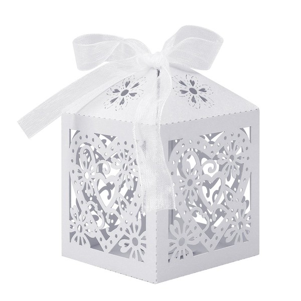 Lucky Monet 25/50/100 unidades de caja de regalo de caramelos de boda con corte láser, caja de chocolate para boda, fiesta de cumpleaños, despedida de soltera, con cinta (100 unidades, blanco)