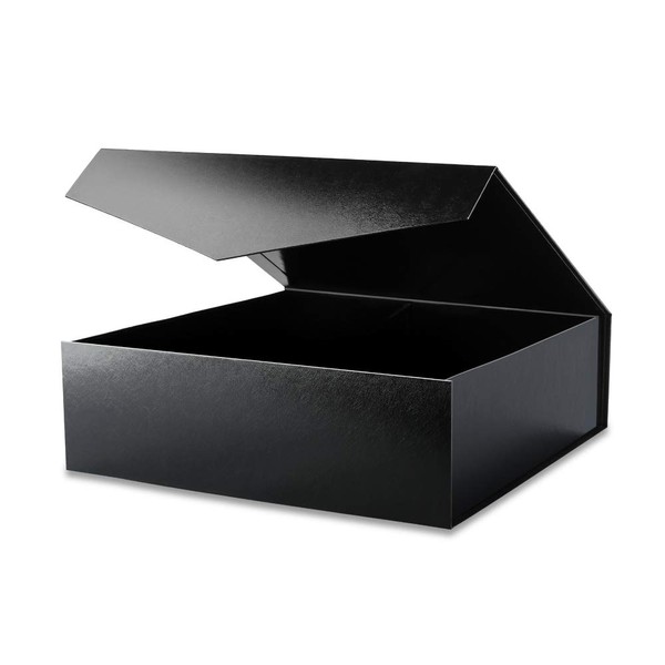 BLK&WH Extra Large Gift Box with Lid 16.3x14.2x5 Inches, Black Gift Box for Clothes and Large Gifts (Glossy Black with Grass Texture)
