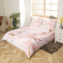 Pink Marble Duvet Cover Set Double Size, Abstract Stone Texture Bedding Set 3pcs for Kids Boys Girls Bedroom Decor, Gold Glitter Comforter Cover Soft Polyester Quilt Cover with 2 Pillowcases