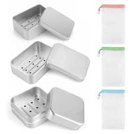 3pcs Soap Tin, 180 ml/150 ml, Aluminum, with 3 Soap Nets for Lathering