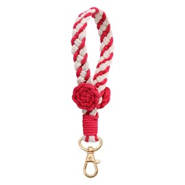 XGALBLA Elegant Rose Flower Macrame Keychain Boho Handmade Wristlet Bracelet Keychain Flower style Wrist Lanyard Handmade Weave Exquisite Holder for Women(Red and White)