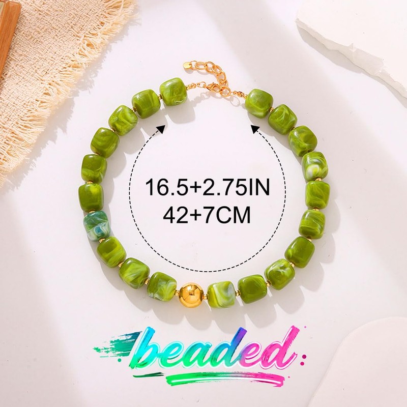 ACEDRE Chunky Beaded Choker Necklace Acrylic Square Beads Necklaces Beach