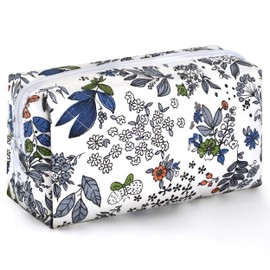 ZLFSRQ Cotton Quilted Floral Makeup Bag Cute Travel Aesthetic Flower Cosmetic Bag for Women Girls Small Zipper Makeup Pouch for Purse Makeup Brush Pencil Pouch Coquette Portable Toiletry Bag (Blue)