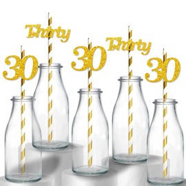 Happy 30th Birthday Straws, Gold Glitter 30 Years Old Paper Straws, 30th Anniversary/Birthday Party Drinking Decorative Straws - 24pcs