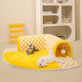 Jiupety Cat Tunnel Bed Indoor,Cat Peekaboo Cave Bed for 2 Cats,Kitty Tube with Cat Balls Toys,Removable Cat Bed House Washable,Small Animal Tunnel for Kitty,Bunny,Yellow,XL