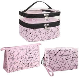 Mikytoper Makeup Bags 3 PCS, Double Layer Cosmetic Bag + 2 Make Up Bags with Diamond Pattern, Travel Toiletry Bags for Men and Women (Pink)