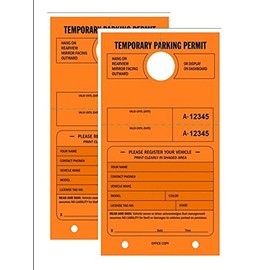 Temporary Parking Permit - Mirror Hang Tags, Numbered with Tear-Off Stub, 7-3/4" x 4-1/4", Bright Fluorescent Orange, 50 Per Pack - Double-Pack (100 Tags)