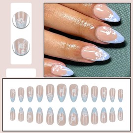 24 Pcs French Blue Press on Nails Short Almond -ZIFANHU Spring Acrylic Nail Art Kit Fake Nails Press ons Nail Tips Full Cover White Flowers False Nails Artifical Stick on Nails for Women Manicure