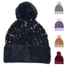 Yanmucy Women Winter Hat with Sequined Beanie Knitted Hat Detachable Pom Pom Warmer Ski Cap for Women Girls (Black)