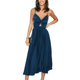 CUPSHE Midi Dress for Women 2025 Party Spaghetti Straps Sleeveless Pleated Cutout Formal Dress Navy Blue, L