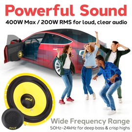 Pyle 2 Way Custom Component Speaker System - 6.5” 400 Watt, with Electroplated Plastic Basket, Butyl Rubber Surround & 40 Oz Magnet Structure - Wire Installation Hardware Set Included - PLG6C, Yellow