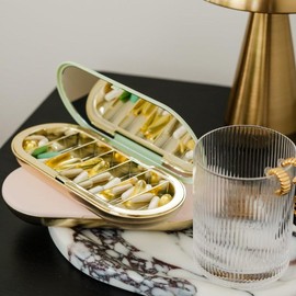 7-Day Pill Compact - Pill Organizer with Secure Clip Closure, Elegant Design, and Built-in Mirror for Daily Medication Organization - Healthcare - Color: Blush