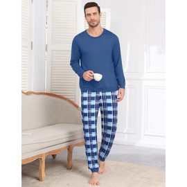 Ekouaer Pyjamas Men Long Sleeve Pjs Sets Plaid Pajamas for Men Nightwear Loungewear, Navy, L