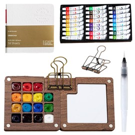 Watercolour Travel Set, 24 Colours Portable Watercolour Palette, Mini Watercolour Box, Mini Watercolour Travel Set, Sketchbook Palette Set, Wood Watercolour Sketchbook for Painters, Artists, Students