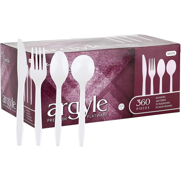 Party Bargains Disposable Cutlery set, Color: White, Count: 360 Pcs) (Argyle White Soup Spoon, 360 Pieces)