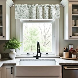 VOGOL Vine Pattern Curtain Valance, Green Leaves Printed Faux Linen Textured Fabric, Light Filtering Rod Pocket Window Topper for Kitchen Bedroom, 52×12, 1 Panel