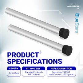 BlueStars 2 Packs Water Heater Magnesium Anode Rod - 9.25" x 3/4" NPT Thread - Compatible with Suburban RV Water Heater Models SW6DE, SW10DE, SW12DE and Atwood Water Heater - Including Teflon Tape