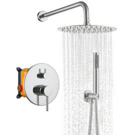 MONDAWE Round Shower Faucet Set, Wall Mounted Shower System 10 Inch Rainfall Shower Head with Handheld Combo, Chrome High Pressure Rainfall Shower Set -Valve Included