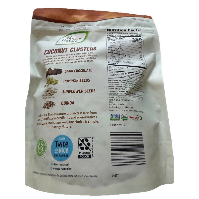 Simply Nature Coconut Clusters Dark Chocolate Pumpkin Sunflower Quinoa Non