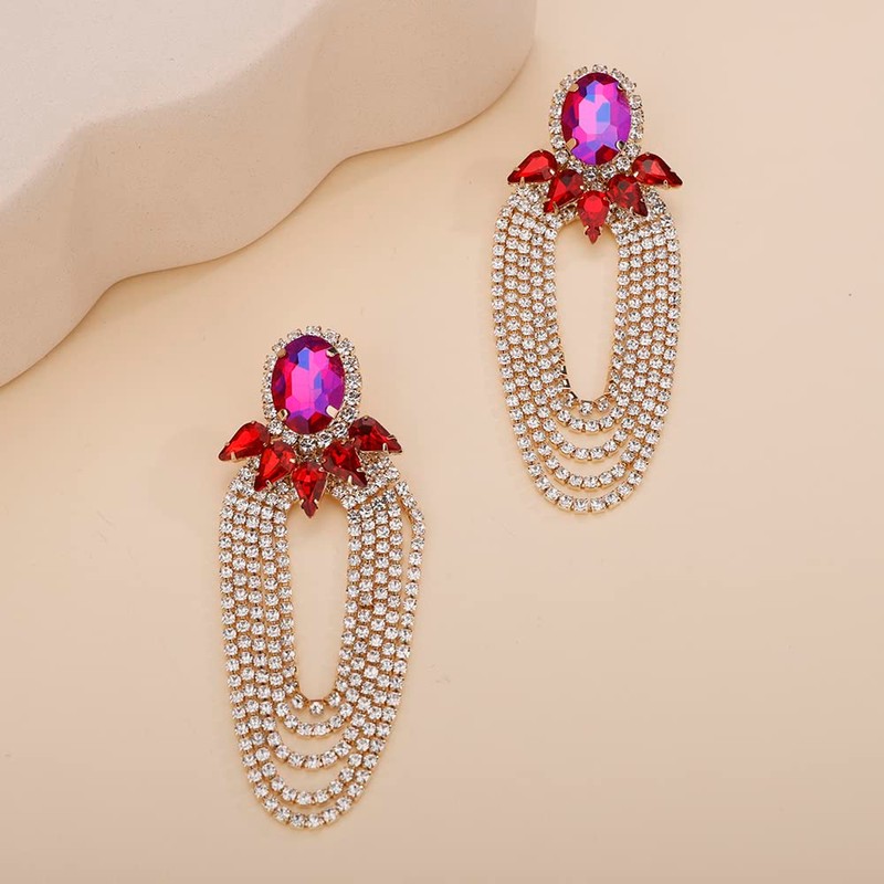Denifery Rhinestones Long Tassel Earrings Layered Dangle Hoop Earrings Sparkling