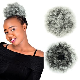 QTHQTFL Afro Puff Drawstring Ponytail Extension for Black Women, Synthetic Short Kinky Curly Pony Tail Clip In On Hair Bun Hairpieces (1B/Gray)