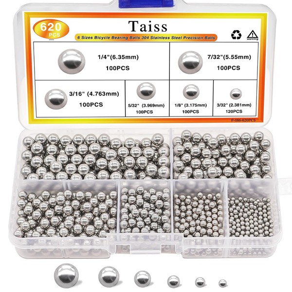 Taiss 620PCS 304 Stainless Steel Precision Balls 6 Sizes 1/4"