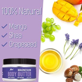 Pure Magnesium Body Butter for Women with Mango, Shea, Grapeseed, Ultra Moisturizing & Muscle Relaxing Cream for All Skin,100% Natural, Lightly Scented, 4 oz