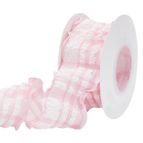 FINGERINSPIRE 9m Chiffon Plaid Ribbon 40mm Wide Pink Fabric Gingham