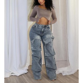 Voghtic Womens y2k Detachable Patchwork Irregular Boyfriend Cargo Jeans High Waisted Straight Leg Denim Pants Streetwear Blue