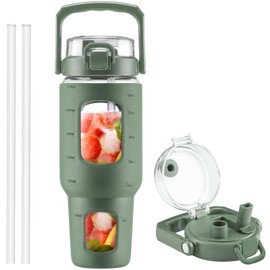 BLUEGO 40 oz Glass Water Bottle with Straw, Leakproof and Time Marker, Wide Mouth for Travel, Gym, Workout, Olive