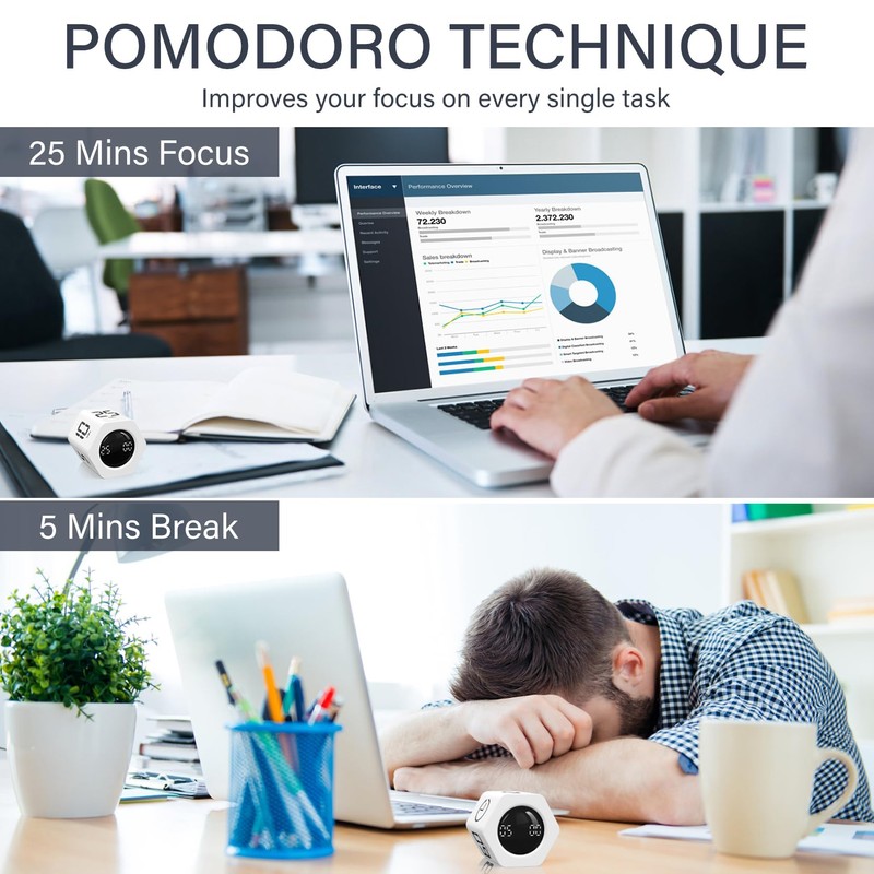 Rotating Pomodoro Timer 5, 25, 10 30,60 Mins Preset Stopwatch,
