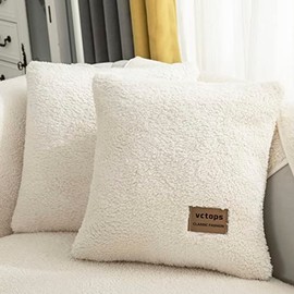 vctops 2 Pack Double-Sided Sherpa Fleece Throw Pillow Covers for Couch Bed Sofa Soft Warm Plush Cushion Covers Luxury Fuzzy Furry Pillow Cover (White,18"x18")