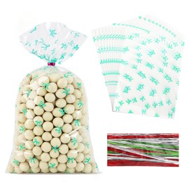 SOMIOCO Clear Gift Bags 6X11 In 100 PCS Cello Cellophane Treat Bags Party Favor Bags Clear Candy Cookie Bags Plastic Poly Goodie Bags with Twist Tie for Birthday ,Baby shower,Wedding ,party (Lake Blue Bow )