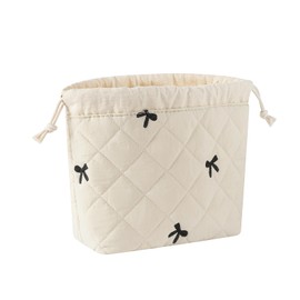 Cotton Quilted Drawstring Makeup Bag with Canvas Lining,Coquette Aesthetic Cute Travel Toiletry Bag,Drawstring Gift Bag for Women and Girls（05Beige Bows）