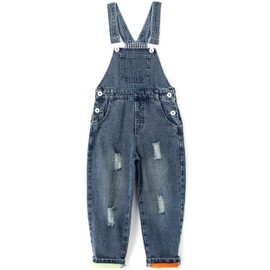 KIDSCOOL SPACE Boy Girl Overalls, Big Bib Stretchy Distressed Denim Jumpsuit,Blue,7-8 Years