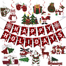 Buffalo Plaid Christmas Decorations Happy Holidays Banner Christmas Banner with Christmas Hanging Decorations for Happy Holidays Decorations Christmas Buffalo Plaid Decorations