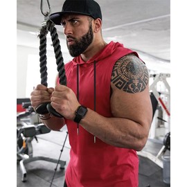 Babioboa Men's Dry Fit Workout Athletic Tank Tops with Hoodie, Performance Sleeveless Vest Gym Muscle Shirts(Light Wine Red Small)